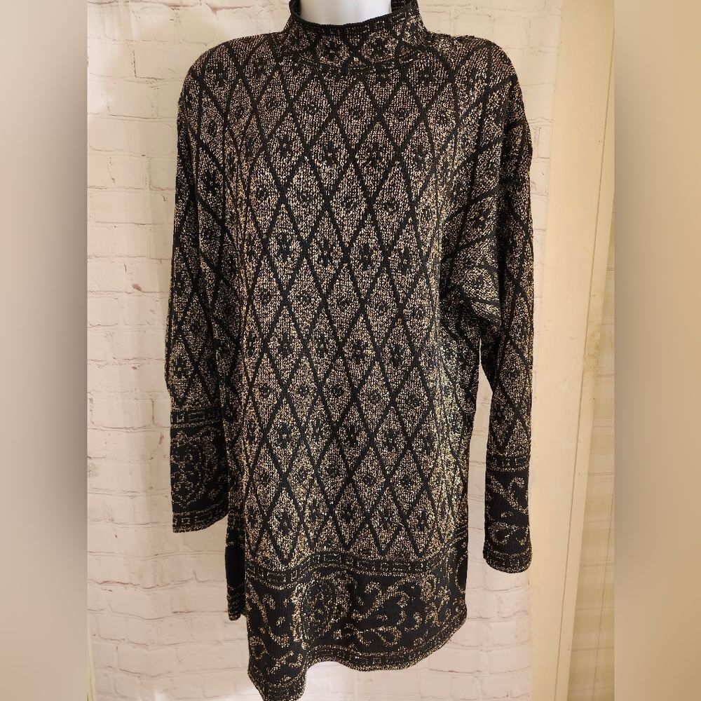 Vintage VG 1980's Pierre Cardin Blk/Gold Lurex Knit A-Line Mini Dress Sz.S USA